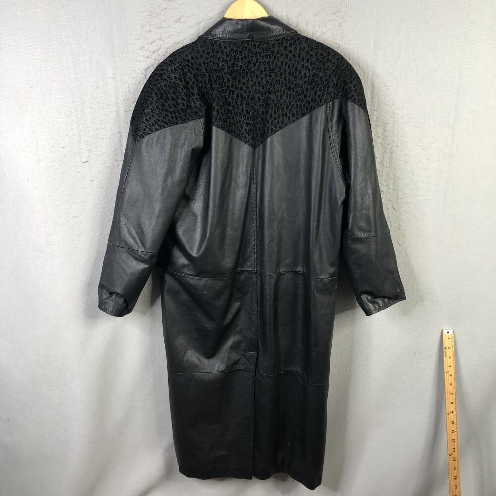 Vintage G-III Coat Womens Medium Black Leather Animal Print Long Overcoat 80s - Picture 2 of 16
